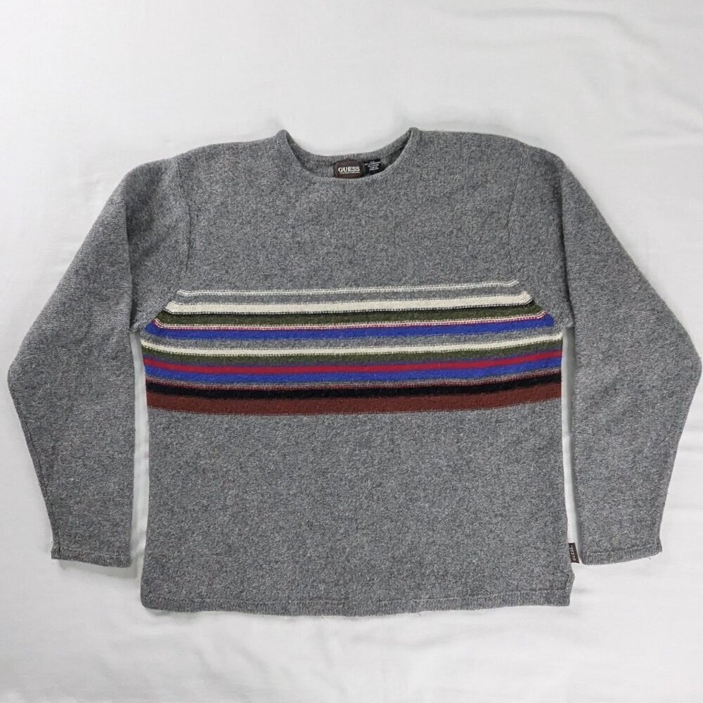 VTG Guess Gray Colorful Stripe Lambswool Knit Sweater